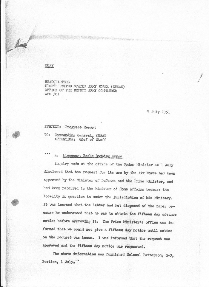 Progress Report on the inquiry made to the ROK PM for use of Dokdo as a bombing range.  Permission was granted