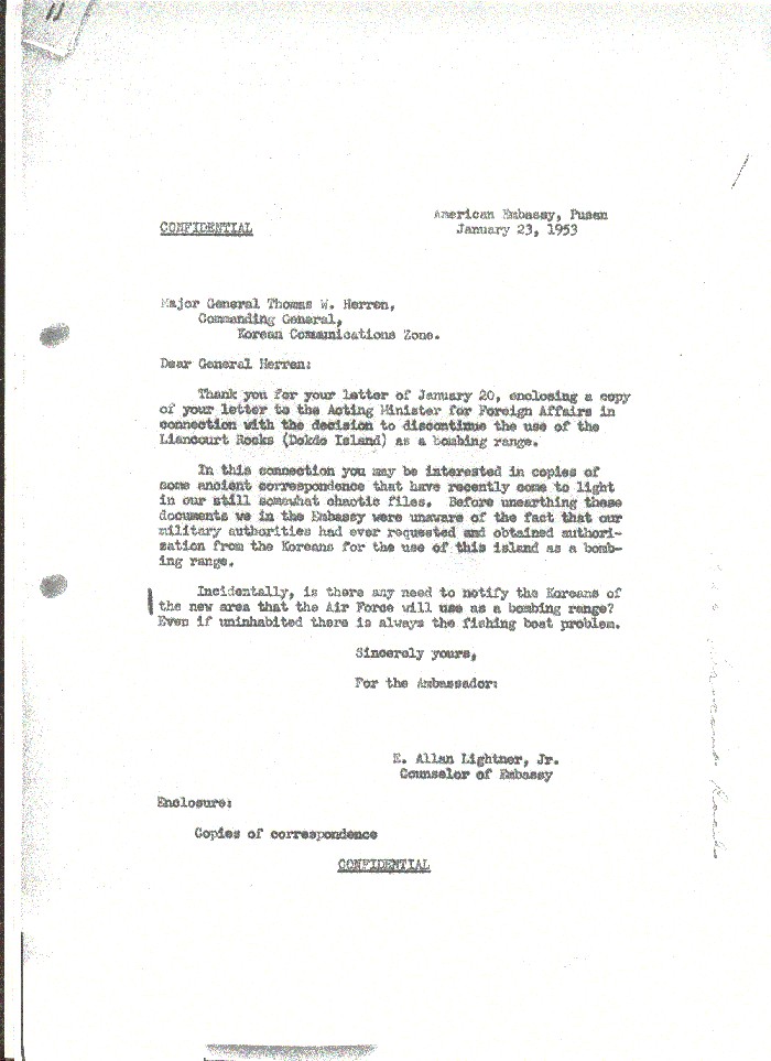 Lightner´s letter to Gen. Herren, which enclosed copies of the request and permission to use Liancourt Rocks as a bombing range.