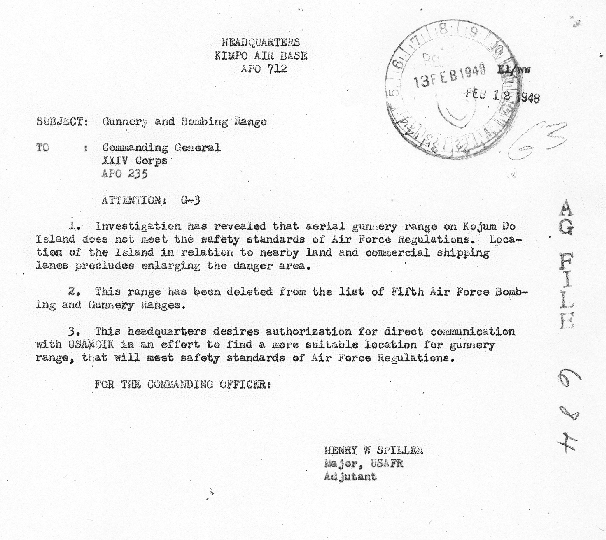 Kimpo AB letter to XXIV Corps, February 13, 1948.
