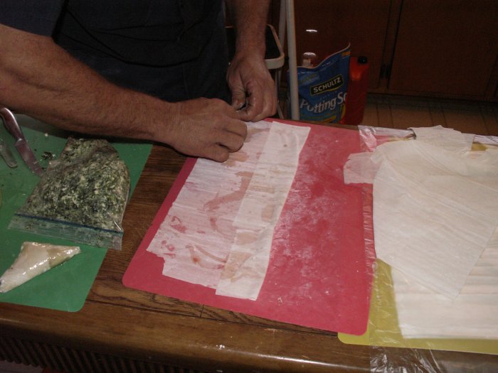 drizzle or brush butter across sheet of phyllo and then carefully fold one third in toward center from left and from right edges