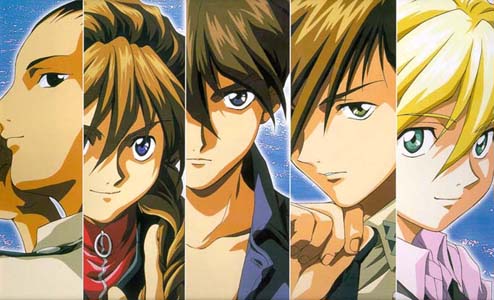 the five gundam pilots: wufei, duo, heero, trowa, quatre
