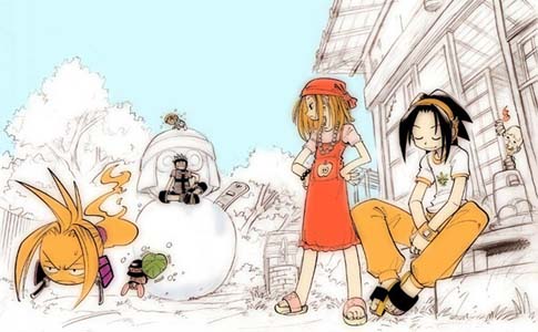 amidamaru, yoh, anna, with horo horo on his snowman