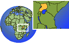 A map of the world with an insit of east Africa and then Uganda