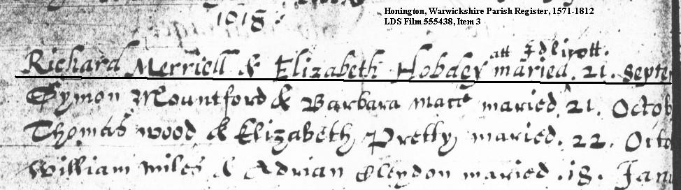 Richard Merrill to Elizabeth Hobday, 1618