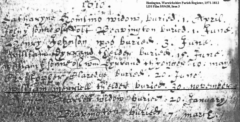Willliam Merrill's burial, 1610