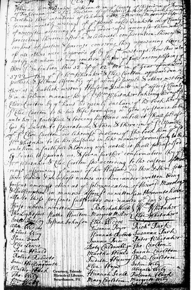 William Whitaker's marriage certificate