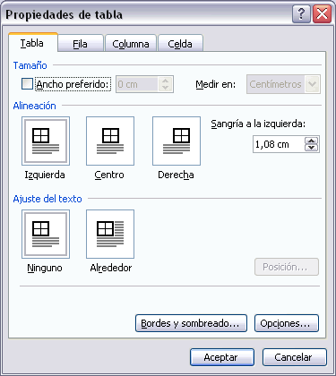 Propiedades de tabla