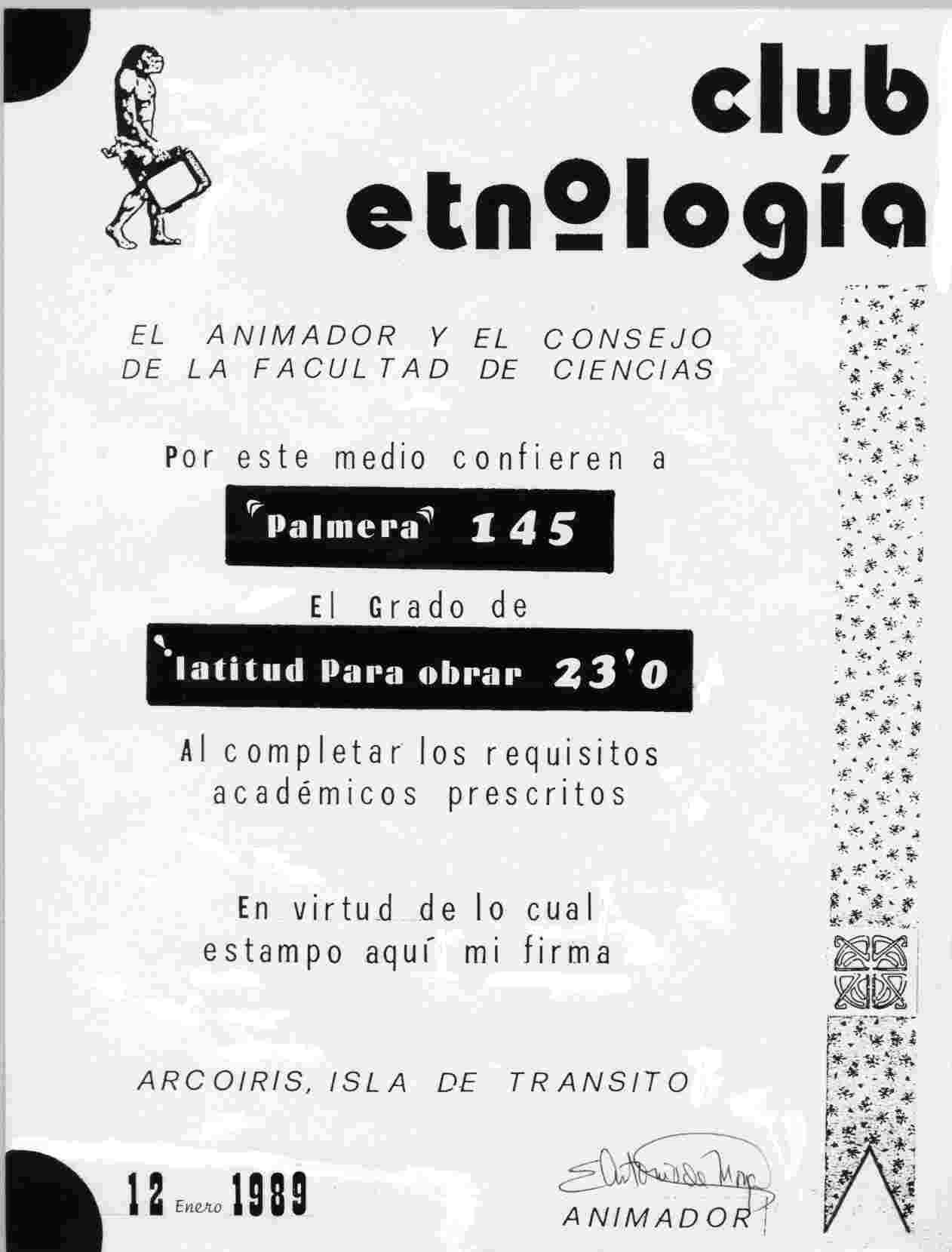 Diploma Club de Etnologia Latitud para Obrar 23'0.