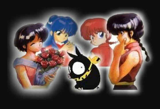 De derecha a izquierda: Akane, Shampo, Ranma chica y luego chico. En medio: el cochinito Ryoga.