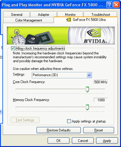 3D Performance Mode clock settings