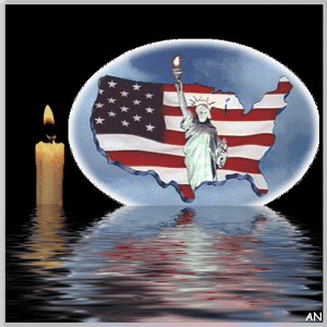 Statue of Liberty framed by USA map, with water in front, and a single burning candle