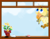 animated bird flying to a windowsill and getting stuck in gum
