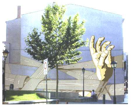 Mural hecho por la Plataforma en la Plaa de les Hores: BASTA de carreteras!