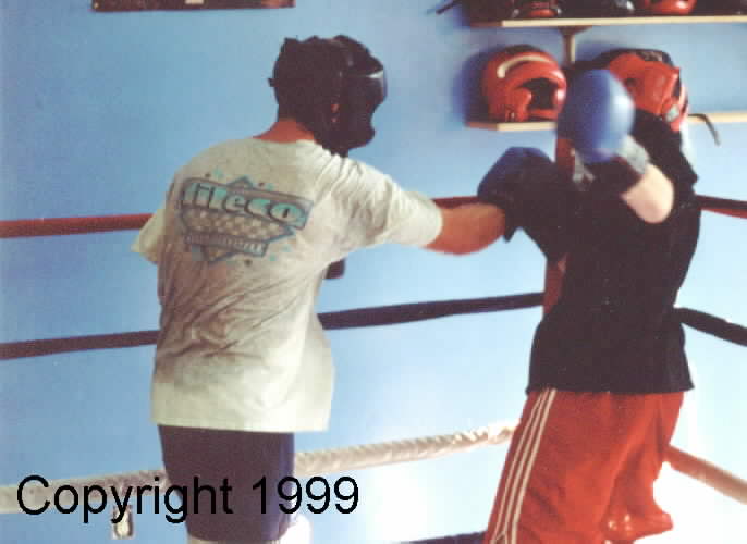 Boxer on the left works with another boxer in rotation.  Image copyright 1999.  All rights reserved.
