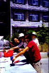 Doing our washing at the flat stone basin.
