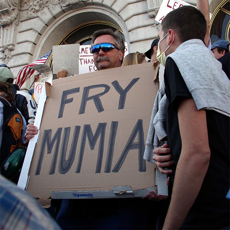 Demonstrant in den USA mit einem -Fry Mumia- Plakat