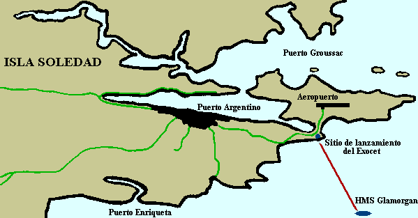 Isla Soledad: Croquis del emplazamiento de los Exocet MM-38 en Puerto Argentino