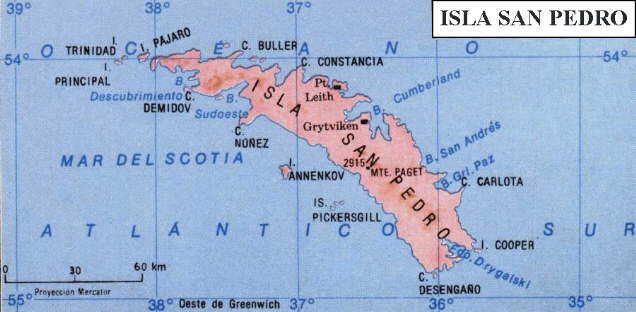 Georgias del Sur: Mapa de la isla San Pedro y adyacentes