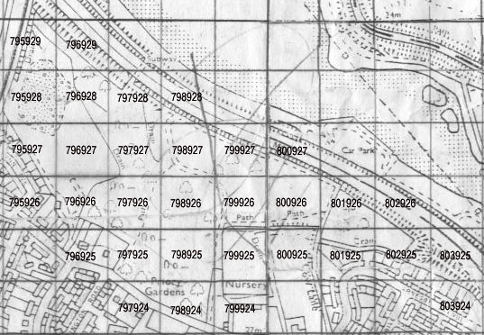The Priory before the motorway widening, showing the 100m grid squares