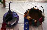 Gourd basket with man-made/manufactured weaving materials 
