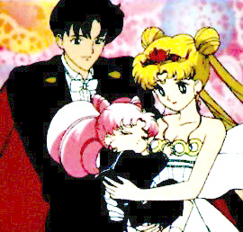 Tuxedo Mask (minus the mask), Rini, and Neo Queen Serenity