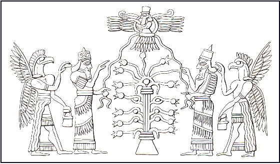 Assyrian king and official with griffin-demons beside tree with winged ama overhead, Neo-Assyrian cylinder seal