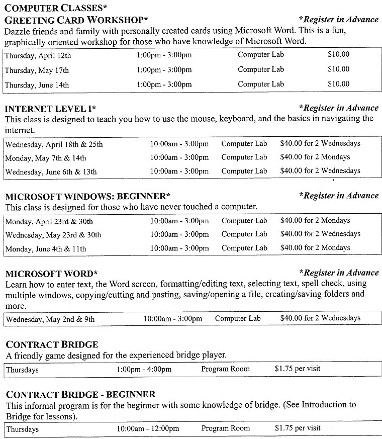 Activity Guide Page 5 Computer Classes, Greeting Card Workshop, Internet, Microsoft Windows, Microsoft Word, Contract Bridge