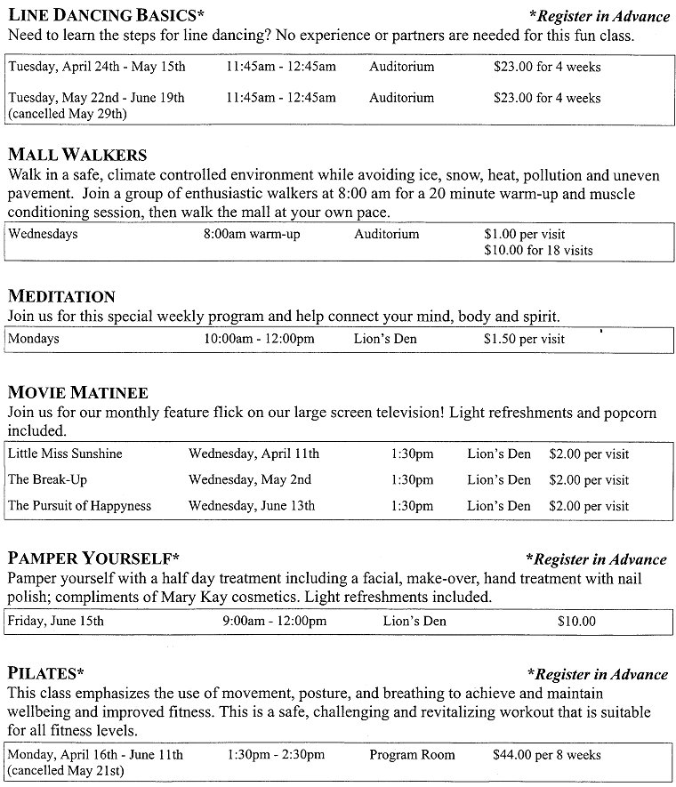 Activity Guide Page 13 Line Dancing, Mall Walkers, Meditation, Movie Matinee, Pamper Yourself, Pilates