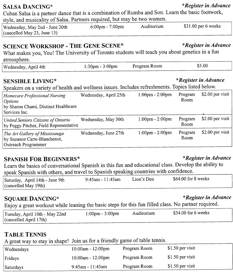 Activity Guide Page 14 Salsa Dancing, Science Workshop - Gene Scene, Sensible Living, Spanish, Square Dancing, Table Tennis
