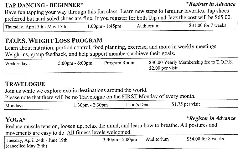 Activity Guide Page 16 Tap Dancing, TOPS Weight Loss Program, Travelogue, Yoga