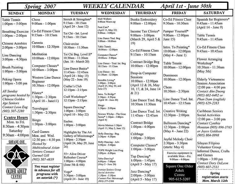 Activity Guide Page 20 Weekly Calendar