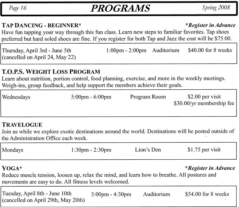 Programs - Tap Dancing - Beginner, TOPS Weight Loss Program, Travelogue, Yoga - Page 16