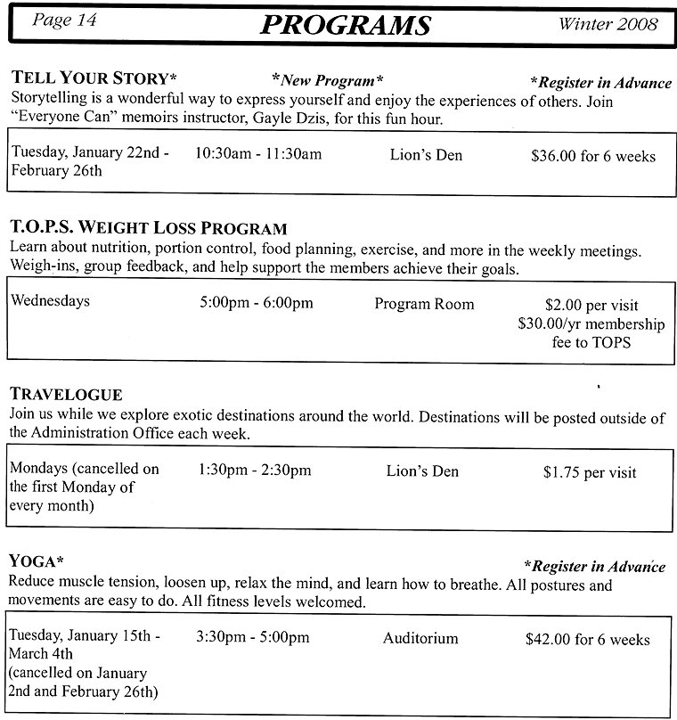 Programs - Tell Your Story, T.O.P.S. Weight Loss Program, Travelogue, Yoga - Page 14