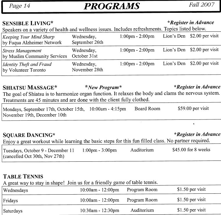 Programs - Sensible Living, Shiatsu Massage, Square Dancing, Table Tennis - Page 14