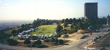 CSU Hayward field and admin. building overlooking East Bay