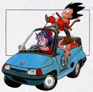 Bulma, Goku, and Oolong in a car