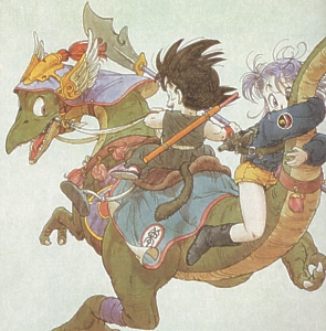 Goku and Bulma on a dinosaur
