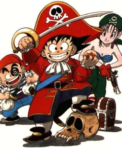 Goku, Bulma, and Kururin as pirates