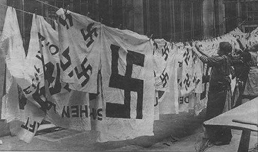 Nazi flags on a washing line.