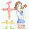 Chikako standing next to the kanji for her name, arranged in flowers. (Chi - a thousand; Ka - flower; Ko - girl)