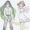Nom, with the lightsaber she took from Cyrus glowing gold near Chikako