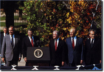Presidents George Bush, Ronald Reagan, Jimmy Carter, Gerald Ford, and Richard Nixon