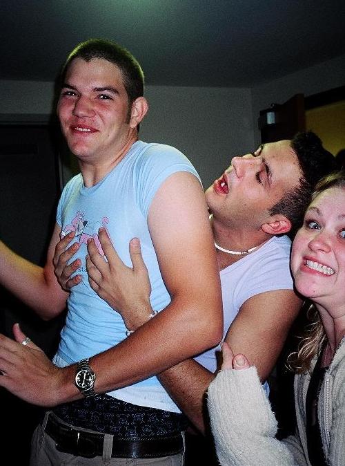 Tyson (wearing my shirt) Adam (katies shirt) and a bit of Karey..Wut where they doing?