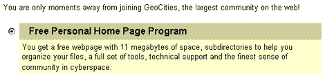 GeoCities Application Screen