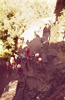 LEFT - UPPER GRANITE RAPIDS. CC=30. CAMPING WITH TAMARISK. CONTROLLING VEGETATION. 1975. NPS, BORDEN.<br>  