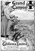 SANTA FE RR MAGAZINE ADVERTISMENT. APPEARED IN HARPERS WEEKLY VOL LII, 01 FEB 1908 PAGE 3. SHOWS WELL DRESSED COUPLE SITTING ON THE CANYON RIM LOOKING THROUGH BINOCULARS. - GRAND CANYON OF ARIZONA. THE CALIFORNIA LIMITED - THE TRAIN OF LUXURY - TAKES YOU 