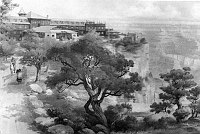 EL TOVAR HOTEL, HOPI HOUSE AND CANYON. PAINTING BY LOUIS AKIN WITH BUILDINGS CLOSER TO RIM THAN IN REALITY . CIRCA 1906. FRED HARVEY.