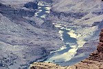 TELEPHOTO COLORADO RIVER PALISADES/LAVA CHUAR AREA FROM LIPAN POINT. 2,500 CFS LOW WATER FLOW. 9 JULY 1963. NPS, BEAL.