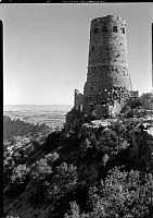 VIEW N AT DESERT VIEW WATCHTOWER. E SIDE LIT FROM SUNRISE. 10 OCT 1935 NPS PHOTO BY GRANT