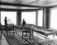 INTERIOR OF EARLY LOOKOUT BUILDING ON RIM NEAR DESERT VIEW POINT. MOVED TO RESIDENTIAL AREA AFTER THE WATCHTOWER WAS BUILT. CIRCA 1931. FRED HARVEY CO. 